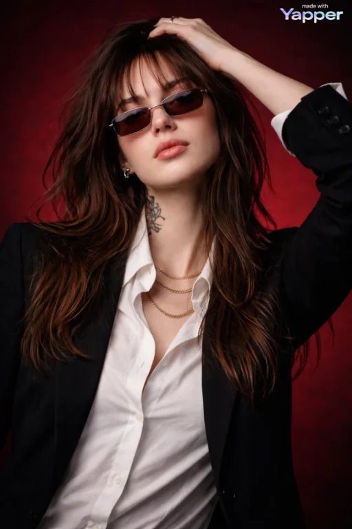 Deep Red Backdrop Sunglasses Blazer Cinematic Fashion Editorial Portrait