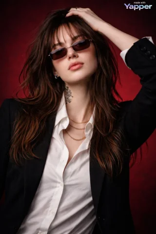 Deep Red Backdrop Sunglasses Blazer Cinematic Fashion Editorial Portrait — Nano Banana 2 AI Prompt: Ultra-realistic cinematic fashion portrait of a confident young woman, medium cl...