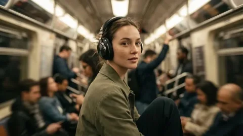 Metro Carriage Wireless Headphones Luxury Brand Campaign Portrait — Nano Banana 2 AI Prompt: Photorealistic luxury campaign image of a female model in a busy metro carriage,...