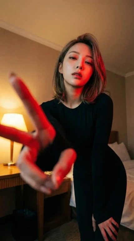 Hotel Red Light V-Sign Low-Angle Seductive Selfie Portrait