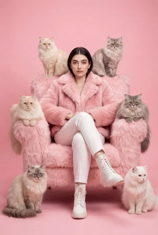 Pink Faux-Fur Armchair Fluffy Cats Fashion Editorial Portrait