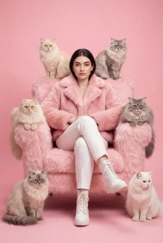 Pink Faux-Fur Armchair Fluffy Cats Fashion Editorial Portrait — Nano Banana 2 AI Prompt: Using the uploaded picture as the only reference and without changing the face,...