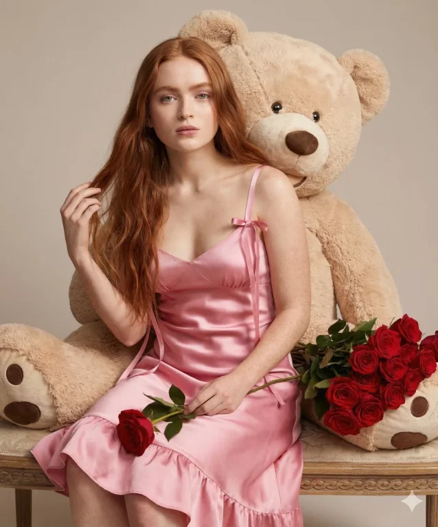 Teddy Bear Pink Satin Rose Romantic Portrait