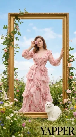 Golden Frame Wildflower Garden Surreal Fashion Portrait — Nano Banana 2 AI Prompt: Ultra-realistic surreal fashion scene of an elegant woman posing inside a large...