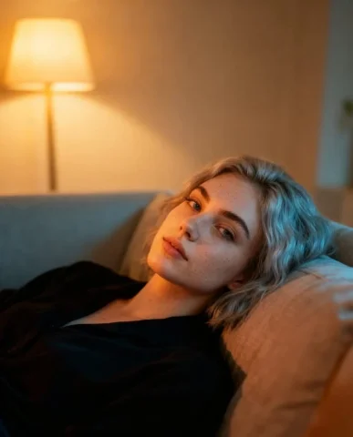 Couch Relaxing Warm Light Casual Candid Portrait — Nano Banana 2 AI Prompt: Edit the image so the same woman is lying comfortably on a soft couch, turned sl...