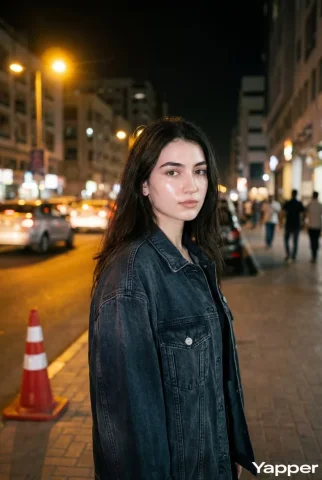Night Street Flash Denim Jacket Street Photography Portrait — Nano Banana 2 AI Prompt: Night street portrait of a stylish young woman with long dark hair wearing a loo...