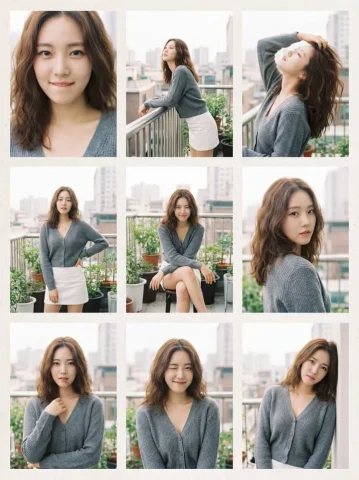 K-pop Idol Balcony Film Photography 3x3 Grid Portrait — Nano Banana 2 AI Prompt: A 3x3 grid photo collage, captured in the ethereal film photography style of Rin...