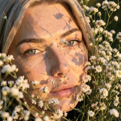 Wildflower Field Golden Hour Freckles Dreamy Close-Up Portrait — Nano Banana 2 AI Prompt: Ultra-realistic close-up portrait of a young woman lying in a field of tiny whit...