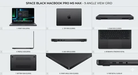 Space Black MacBook Pro Nine-Grid Multi-Angle Product Photography — Nano Banana 2 AI Prompt: Create a grid of nine different angled photos of a space black Macbook Pro m5 ma...