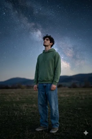 Stargazing Open Field Milky Way Peaceful Night Portrait — Nano Banana 2 AI Prompt: A cinematic realistic image of a young man standing in an open field at night un...