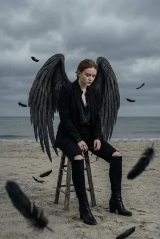 Dark Fallen Angel Beach Black Wings Cinematic Portrait — Nano Banana 2 AI Prompt: { "image_type": "hyper-realistic cinematic portrait", "resolution": "8k ultra HD...