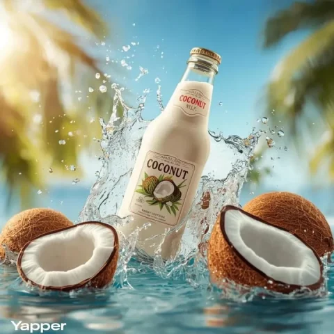 Coconut Milk Tropical Splash Advertising Product Photography — Nano Banana 2 AI Prompt: Ultra-realistic tropical beverage advertising photography featuring a glass bott...