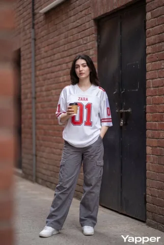 Urban Alley Football Jersey Street Fashion Portrait — Nano Banana 2 AI Prompt: Ultra-realistic street fashion photography of a stylish young woman standing cas...