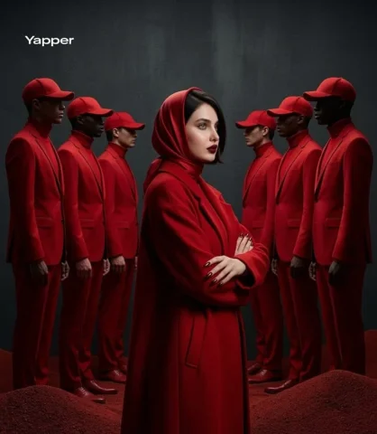 All-Red Surreal Symmetrical High-Fashion Cinematic Scene — Nano Banana 2 AI Prompt: A cinematic surreal fashion scene of a tall elegant woman in a flowing red coat...