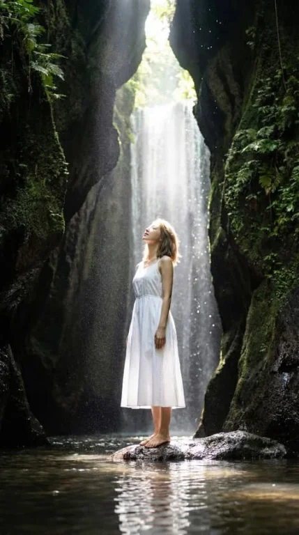 Bali Waterfall Cave Cathedral Light Low Angle Portrait