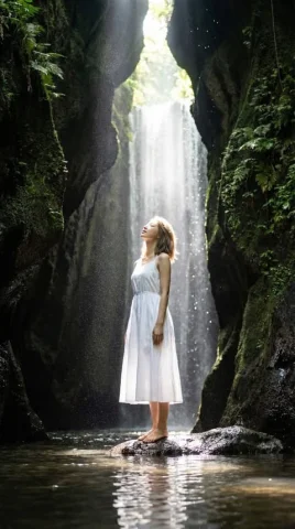 Bali Waterfall Cave Cathedral Light Low Angle Portrait — Nano Banana 2 AI Prompt: { "portrait_prompt": { "concept": "Cathedral of Light — Extreme Low Angle Throug...