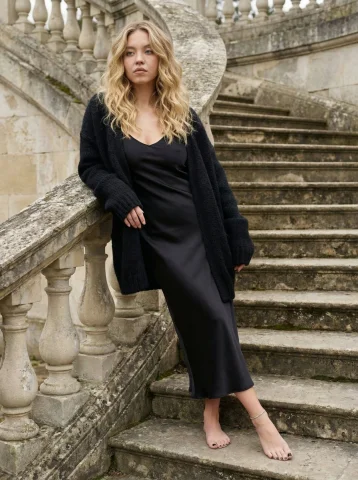 Spiral Stone Staircase Black Dress Elegant Portrait — Nano Banana 2 AI Prompt: { "subject": { "identity": { "biometric_reference": "Sydney Sweeney", "fac...