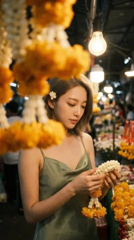 Bangkok Flower Market Jasmine Foreground Bokeh Portrait — Nano Banana 2 AI Prompt: { "portrait_prompt": { "concept": "Pak Khlong Talat Flower Market · Foregr...