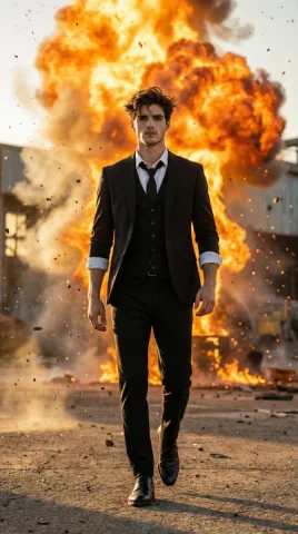 Explosion Scene Suit Cool Walk Cinematic Blockbuster — Nano Banana 2 AI Prompt: Ultra-realistic cinematic wide shot, 35mm anamorphic lens, f/2.8, 8K resolution....