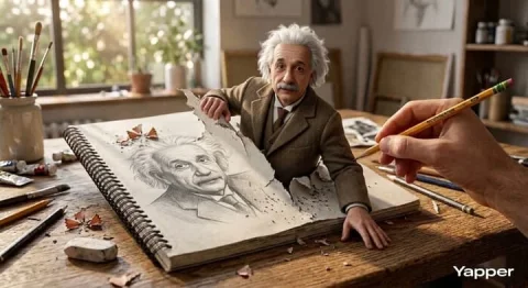 Einstein Sketchbook Emerge Surreal 3D Illustration — Nano Banana 2 AI Prompt: Hyper-realistic 3D illustration of Albert Einstein emerging from the pages of a...
