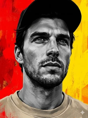 Grayscale Portrait Red Yellow Abstract Brush Poster Style — Nano Banana 2 AI Prompt: Ultra-detailed, high-contrast digital portrait of a young man looking slightly u...