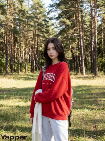 Peaceful Girl in Pine Forest Outdoor Portrait — Nano Banana 2 AI Prompt: { "image_generation": { "subject": { "description": "young woman sta...