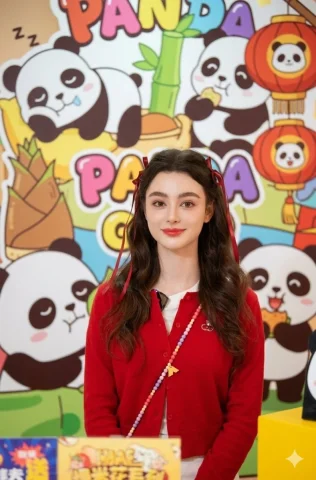 Red Knit Girl Panda Backdrop Cute Portrait — Nano Banana 2 AI Prompt: Portrait of an elegant young Asian actress, innocent yet charming expression, gl...
