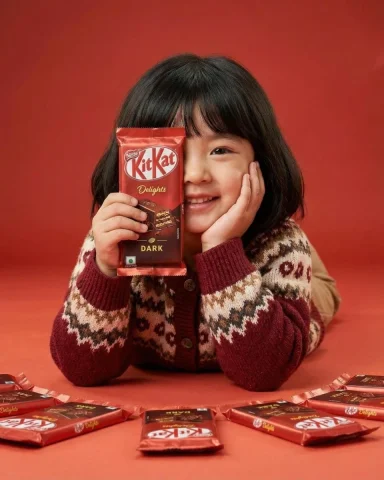 KitKat Chocolate Girl Red Ad Photography — Nano Banana 2 AI Prompt: A cute young girl with short black hair and bangs smiling while holding a red Ki...