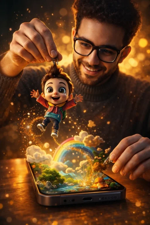 3D Cartoon Character Emerging From Phone Magical Interaction
