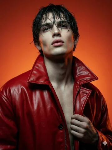 Red Leather Jacket Male Model Cinematic Portrait — Nano Banana 2 AI Prompt: A hyperrealistic cinematic portrait in high fashion style, vertical 3:4 format,...