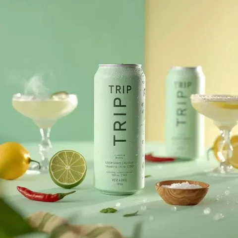 Fresh Lemon Basil Sparkling Beverage Ad Photography — Nano Banana 2 AI Prompt: Ultra-realistic beverage advertising photography featuring a tall aluminum can l...