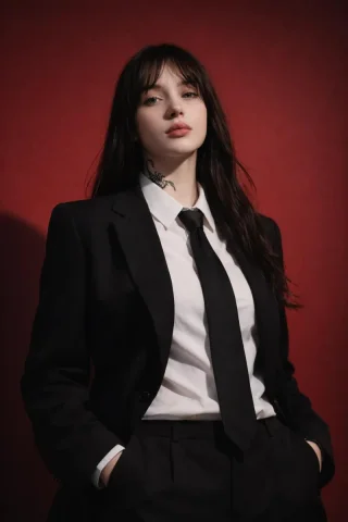 Red Backdrop Black Suit Commercial Fashion Portrait — Nano Banana 2 AI Prompt: Studio fashion portrait of a woman in a structured black suit, white shirt, and...