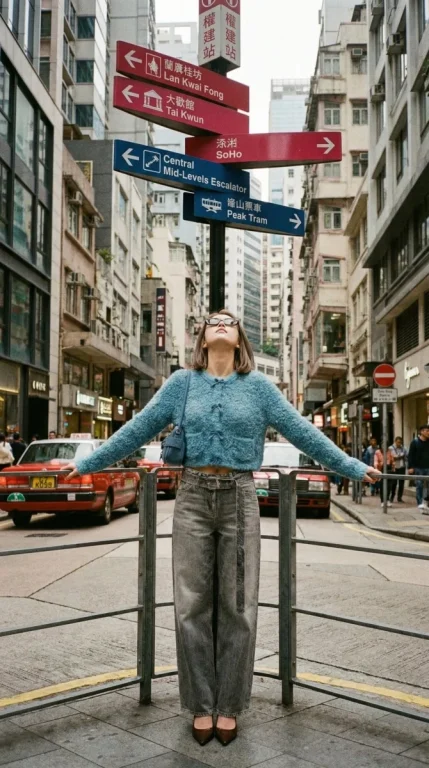 Hong Kong Central Street Looking Up Sky Vintage Film Portrait