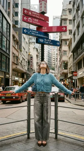 Hong Kong Central Street Looking Up Sky Vintage Film Portrait — Nano Banana 2 AI Prompt: { "portrait_prompt": { "subject": { "description": "Based on , a you...
