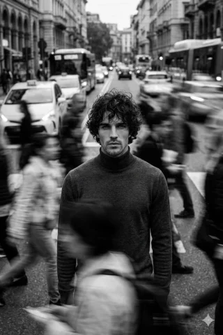 Black and White Long Exposure Still Man in Crowd Street Art — Nano Banana 2 AI Prompt: Black and white cinematic portrait of a young man (same face as uploaded) standi...