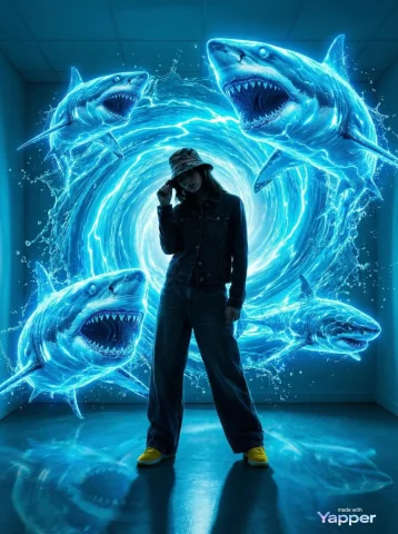 Blue Light Shark Vortex Streetwear Energy Fantasy — Nano Banana 2 AI Prompt: A high-energy urban fantasy photograph of a person in streetwear standing in the...