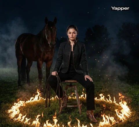 Fire Circle Horse Dark Western Cowgirl Cinematic Portrait — Nano Banana 2 AI Prompt: Cinematic dark western-style portrait using the face from the uploaded image but...