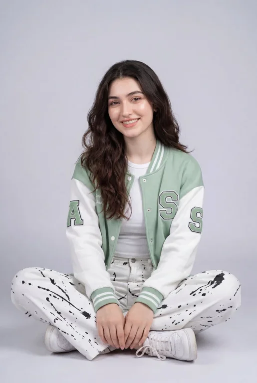 Gray Background Varsity Jacket Cross-Legged Smile Studio Portrait