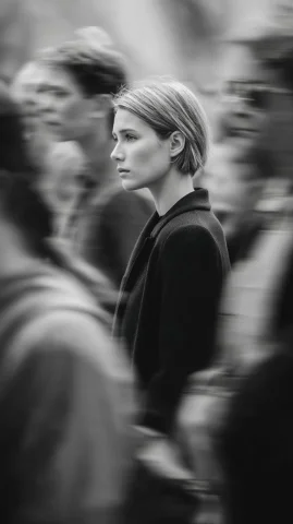 Leica Street Monochrome Side Profile Editorial Photography — Nano Banana 2 AI Prompt: Editorial monochrome street photograph captured on a Leica SL3 with 75mm APO-Sum...