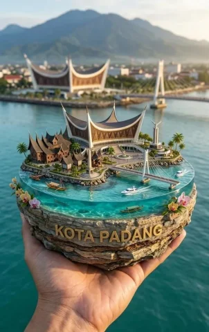 Hand-Held Tarakan City Miniature Island 3D Diorama — Nano Banana 2 AI Prompt: A hyper-realistic 45-degree angle close-up shot of a hand holding a floating min...