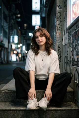 Urban Night Alley Street Fashion Female Sitting Portrait — Nano Banana 2 AI Prompt: Cinematic street-style portrait of a young woman sitting on concrete steps in an...