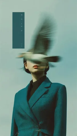 Bird Motion Blur Surrealist Magazine Cover Fashion Editorial — Nano Banana 2 AI Prompt: Editorial photography, a woman wearing a structured deep teal blazer standing ag...