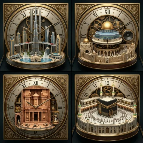 Middle Eastern Cities Clockwork Automaton 2x2 Grid — Nano Banana 2 AI Prompt: A 2x2 grid of Middle Eastern cities as automaton timepieces [Top Left: Dubai; wh...