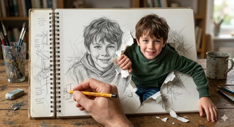 Sketchbook 3D Pop-Out Boy Artist Studio Illusion — Nano Banana 2 AI Prompt: A cinematic hyper-realistic 3D illustration of a handsome young boy with brown,...