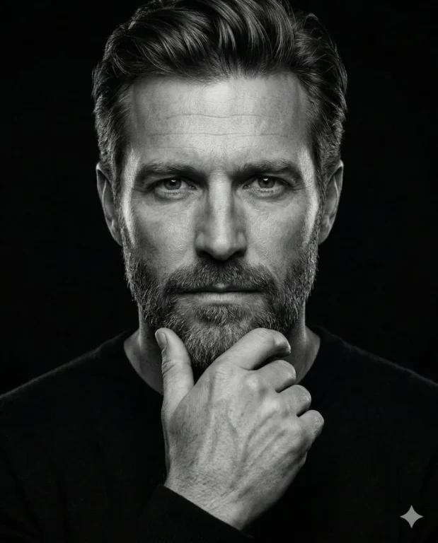 High-Contrast Black & White Thinker Pose Art Portrait