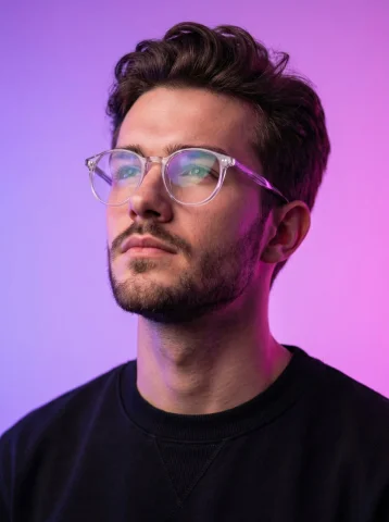 Transparent Glasses Neon Purple-Pink Cyber Portrait — Nano Banana 2 AI Prompt: Ultra-realistic modern portrait of a man wearing transparent frame glasses and a...