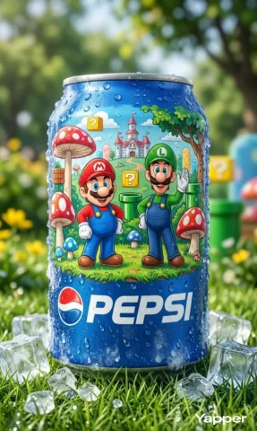 Pepsi Mario Bros Collaboration Can Grass Product Photography — Nano Banana 2 AI Prompt: Ultra-realistic product photography of a chilled blue Pepsi can placed upright o...