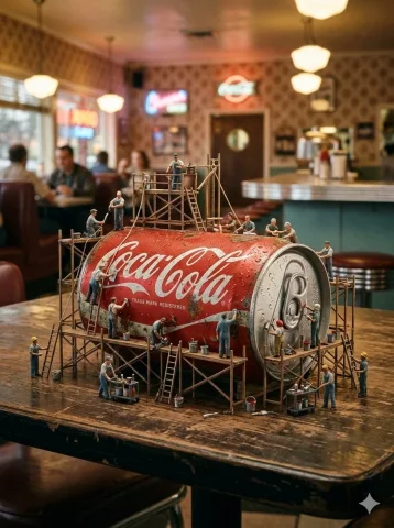 Miniature Workers Restoring Coca-Cola Chanel Tilt-Shift Macro — Nano Banana 2 AI Prompt: { "prompt_details": { "subjects": [ "Classic horizontal red Coca-Col...