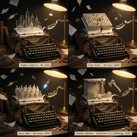 Vintage Typewriter Book Recommendation 2x2 Grid — Nano Banana 2 AI Prompt: for 1984 Act as a literary deep-dive recommendation engine + antique typewriter...