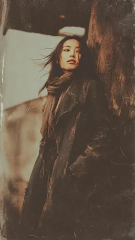 90s Japanese Grunge Vintage Female Portrait — Nano Banana 2 AI Prompt: A gritty, classic portrait of a beautiful Japanese woman standing under soft, fa...